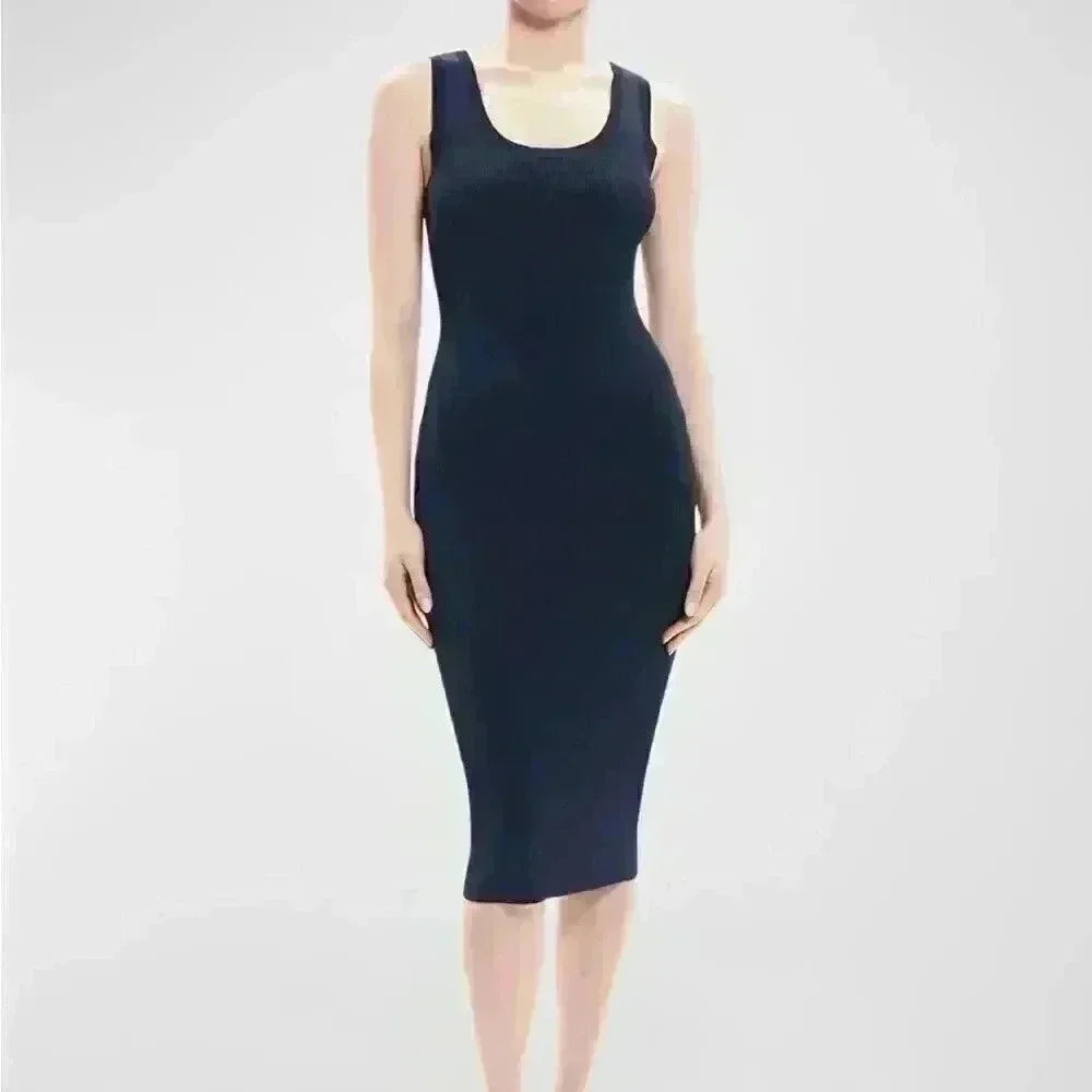 NWT THEORY Racer Tank Dress Deep Navy Compact Rib M0129624 Sz L - Picture 1 of 5
